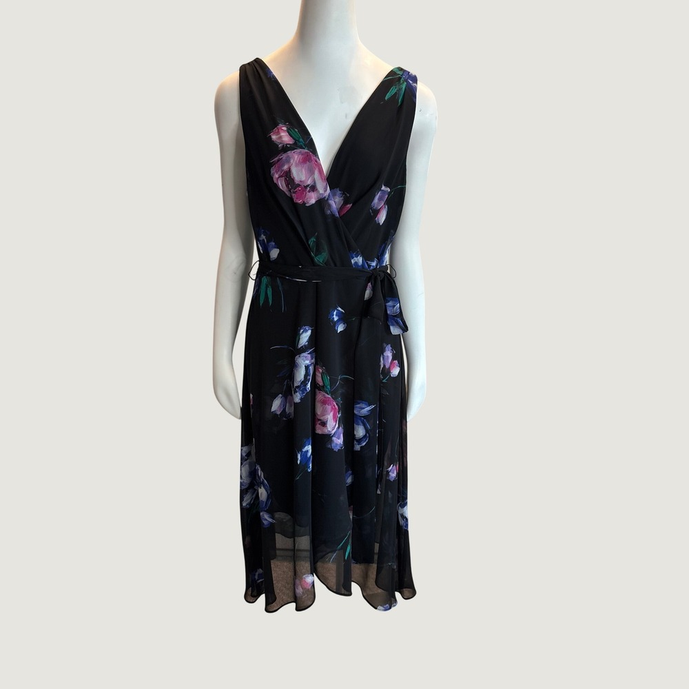 DKNY Women Black Floral Faux Wrap Midi Dress Sleeveless V-Neck Size 12